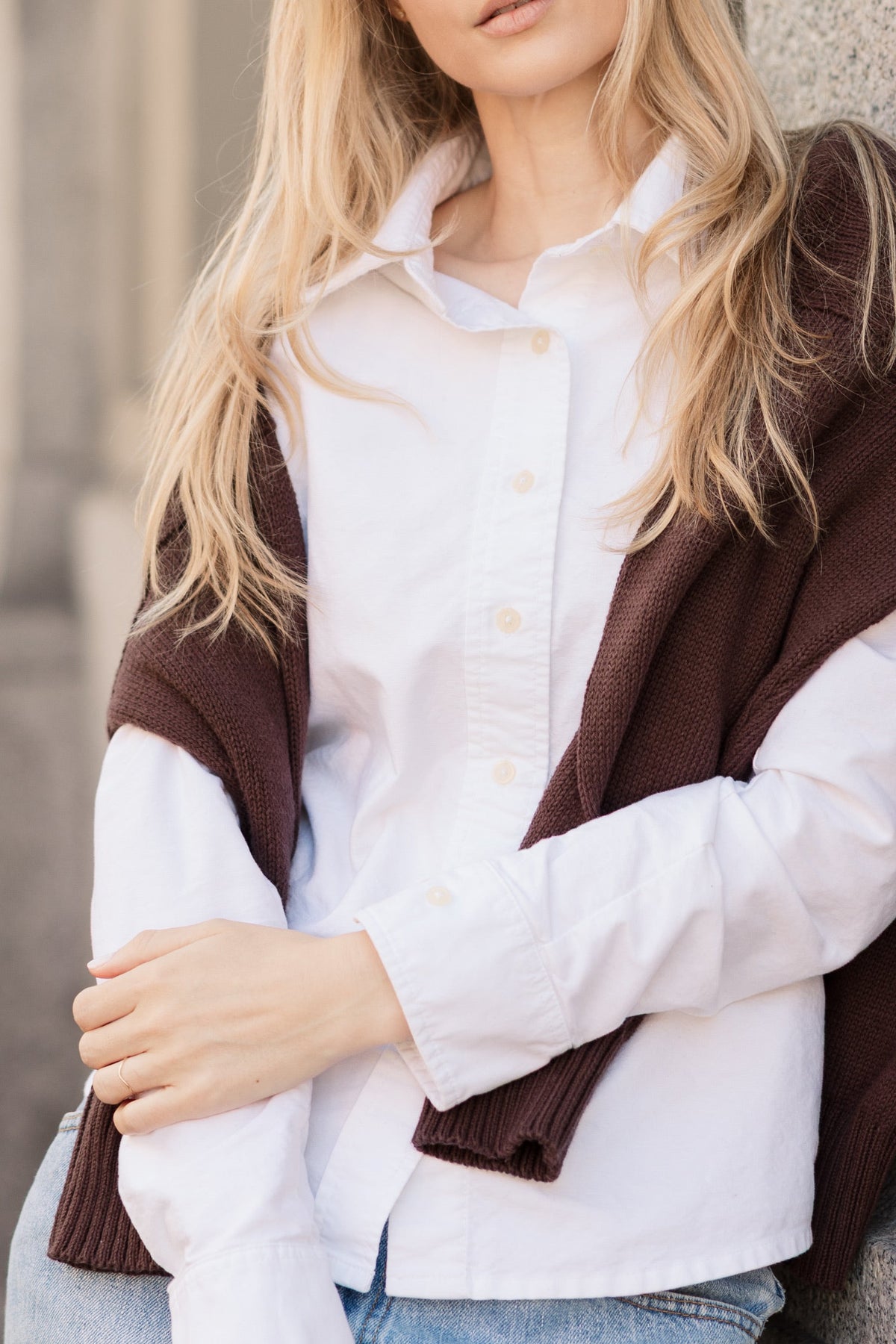 How to layer The Oxford Button Up under a cotton crewneck