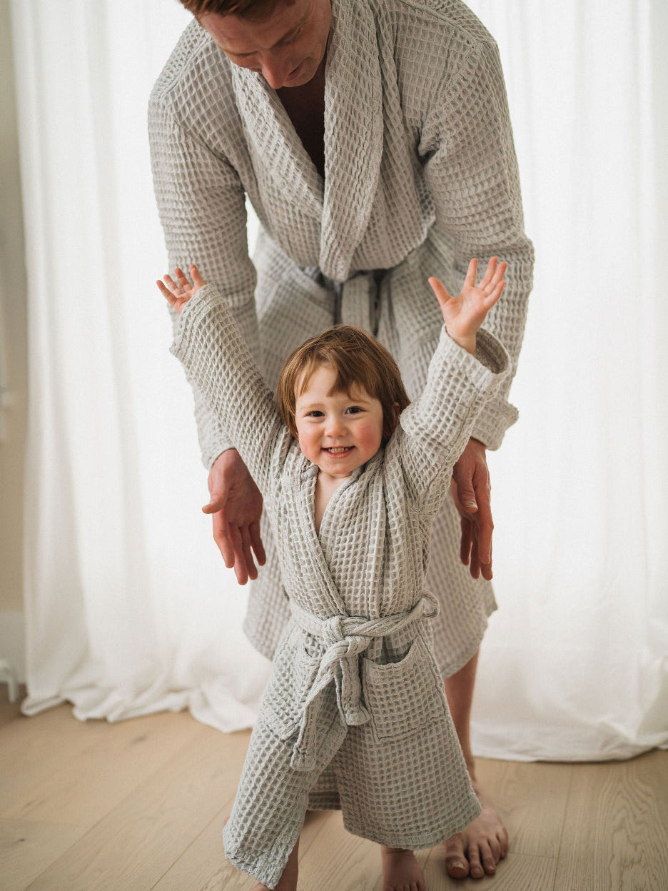 Close-up of the Kids Waffle Robe waffle cotton and tie belt