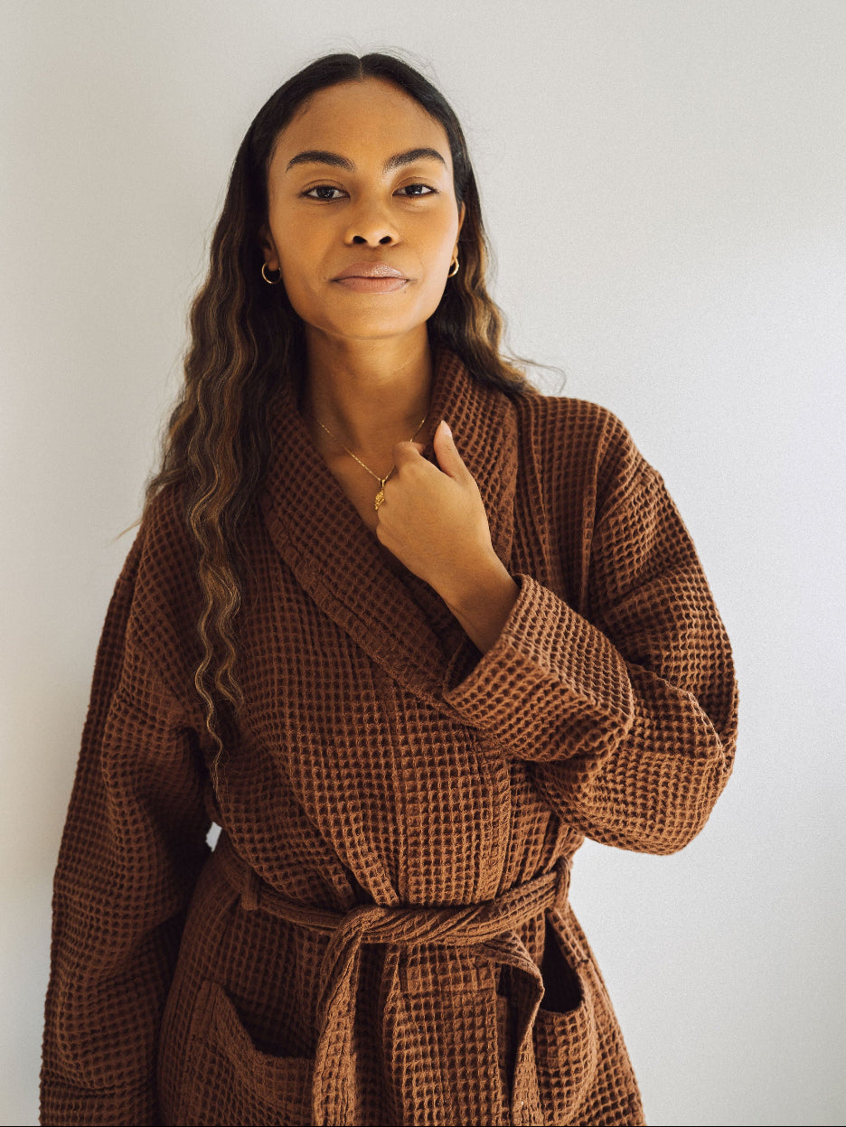 Chocolate Brown & Vanilla Custard Waffle Knit Robe